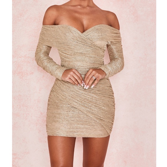 House of CB Dresses & Skirts - NWT House of CB Felicity Gold Ruched Mesh Off Shoulder Dress L+
